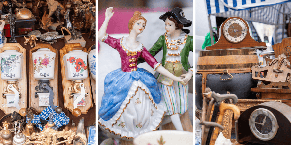 Targ staroci we Wrocławiu, na zdjęciach od lewej: stare, ceramiczne młynki do kawy, porcelanowe figurki, a na zdjęciu po prawej - stare zegary 