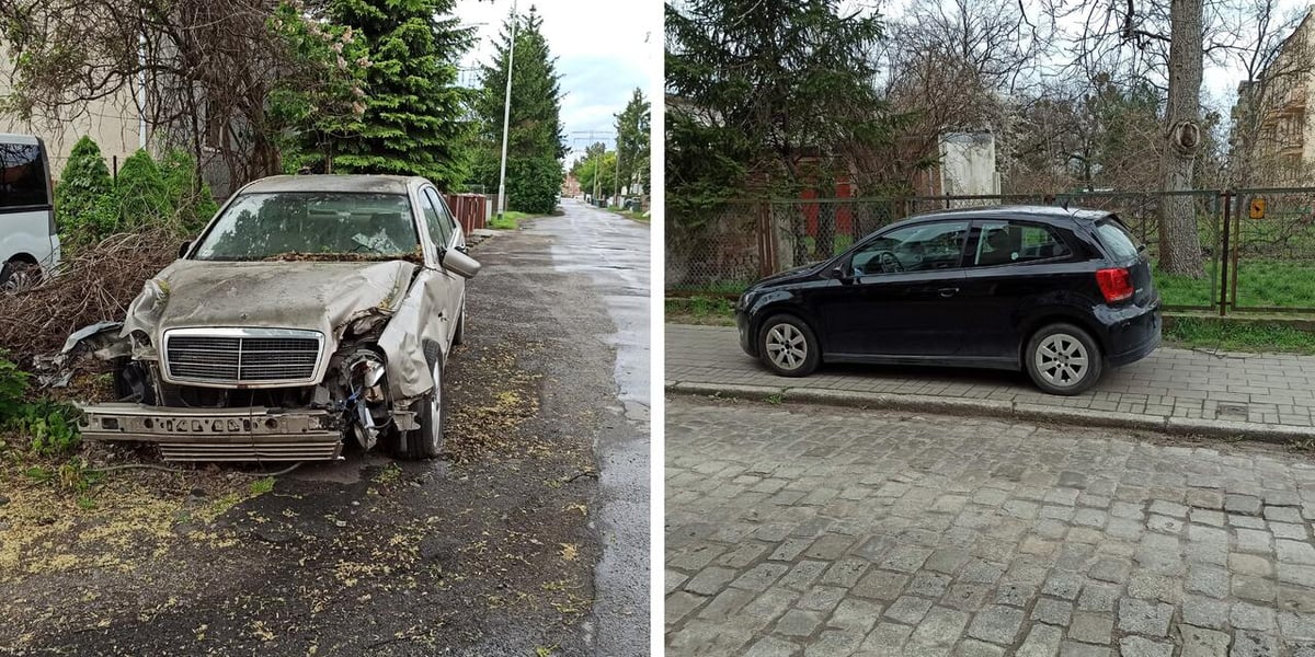 Po lewej samochód odholowany z powodu długotrwałego nieużytkowania, po prawej niezgodnie z prawem zaparkowany samochód na chodniku
