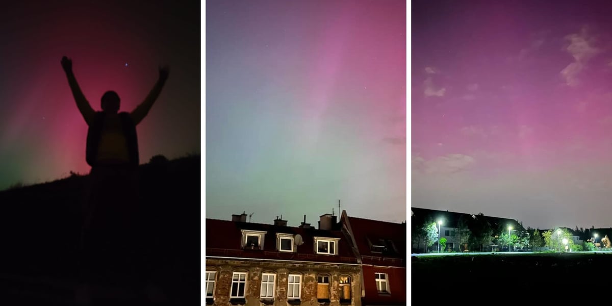 Kolaż trzech zdjęć. Zorza polarna nad Wrocławiem. 