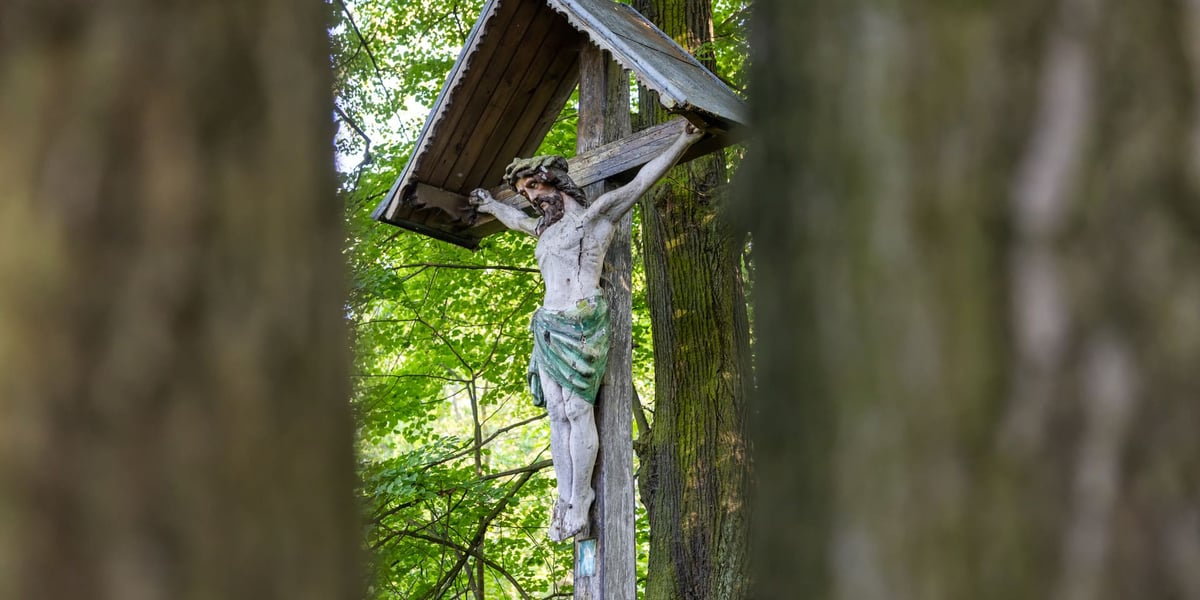 Zabytkowy krzyż nad Odrą, stojący na granicy Biskupina i Dąbia