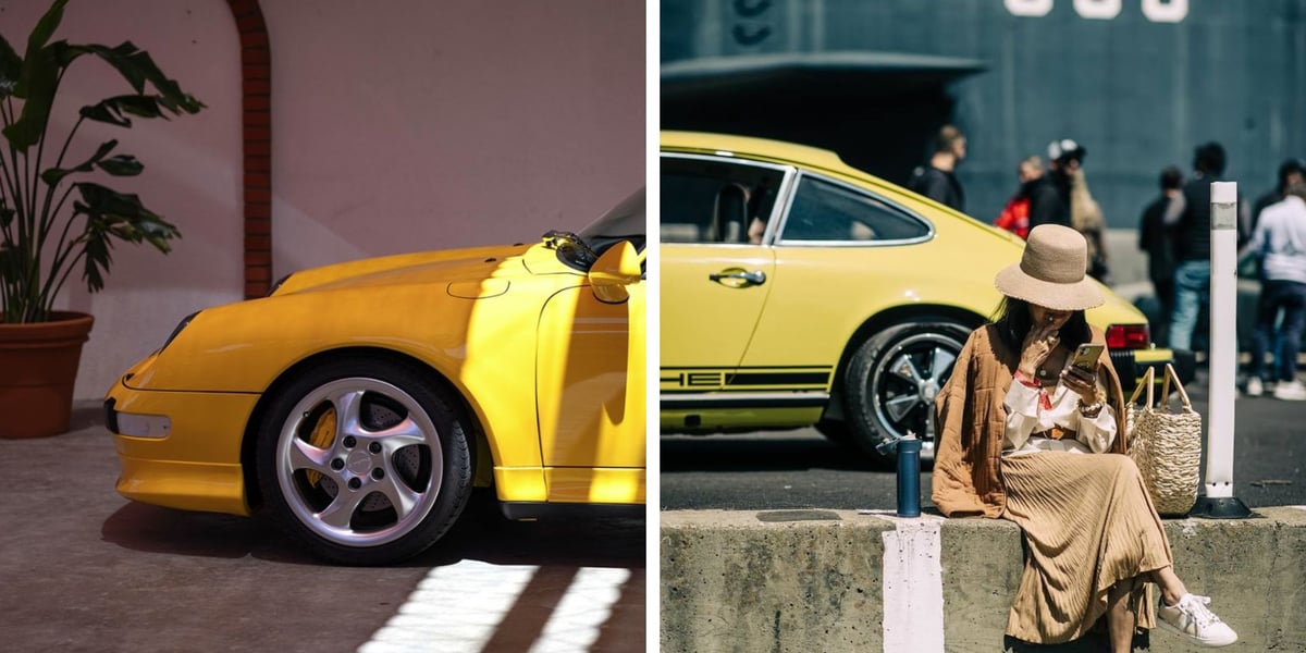 Po lewej: żółte porsche; po prawej: kobieta w kapeluszu siedząca przed porsche