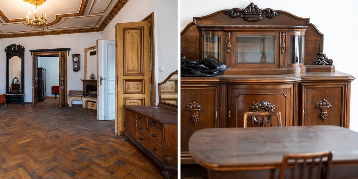 Stół, krzesła, komoda, zegar stojący, pokój w kamienicy przy alei Jana Matejki