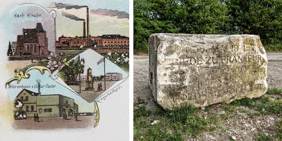 Na zdjęciu po lewej XIX-wieczna pocztówka, na miniaturce widoczny pomnik wojenny, po prawej odnaleziony fragment pomnika