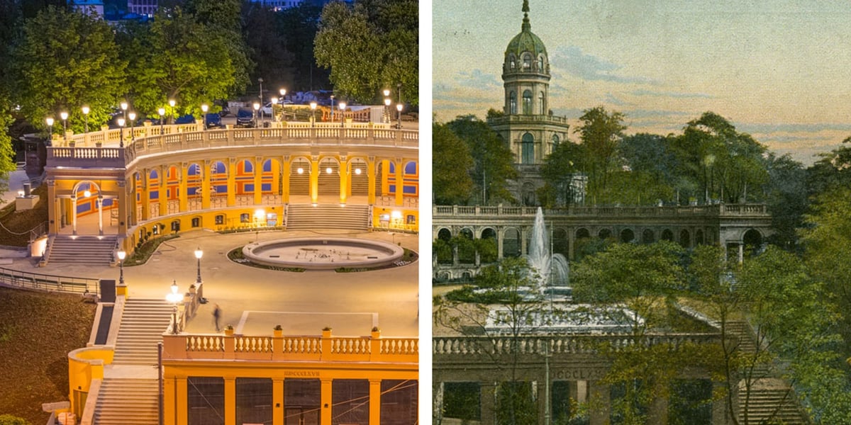 Na zdjęciu porównanie nowego (2024 rok) oraz  dawnego (1867 rok) wyglądu Bastionu Sakwowego. Poznaj historie bastionu i zobacz jak zmieniał się przez wieki!