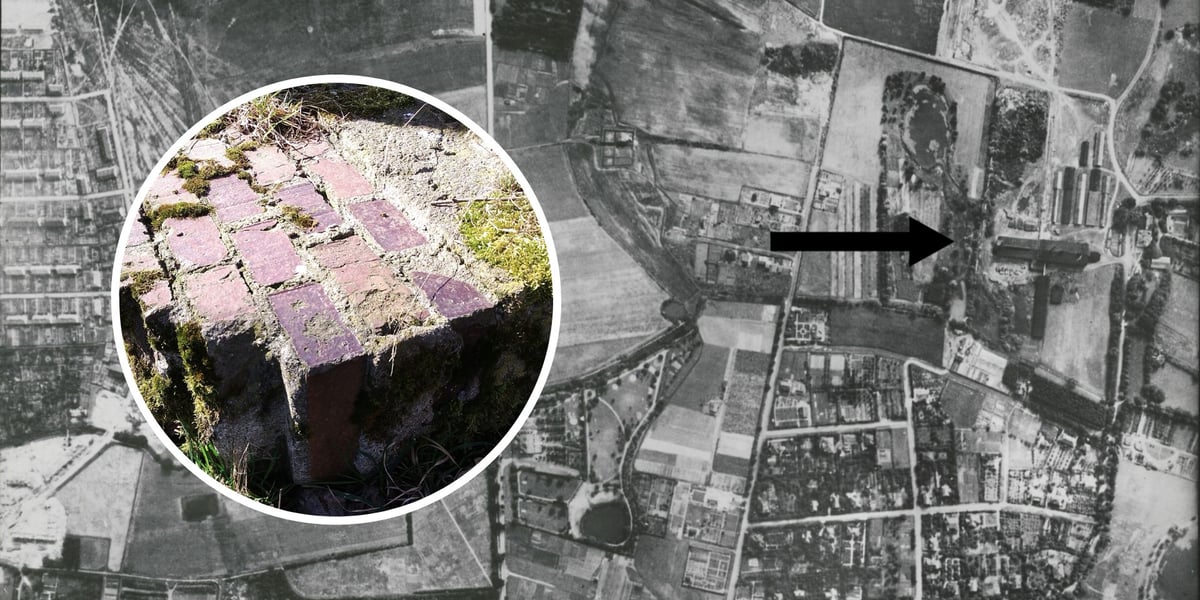 Kolaż dwóch zdjęć. W tle przedwojenna fotografia lotnicza na której zaznaczono dawną cegielnię na Biskupinie. W kółku - fragment ceglanego muru.