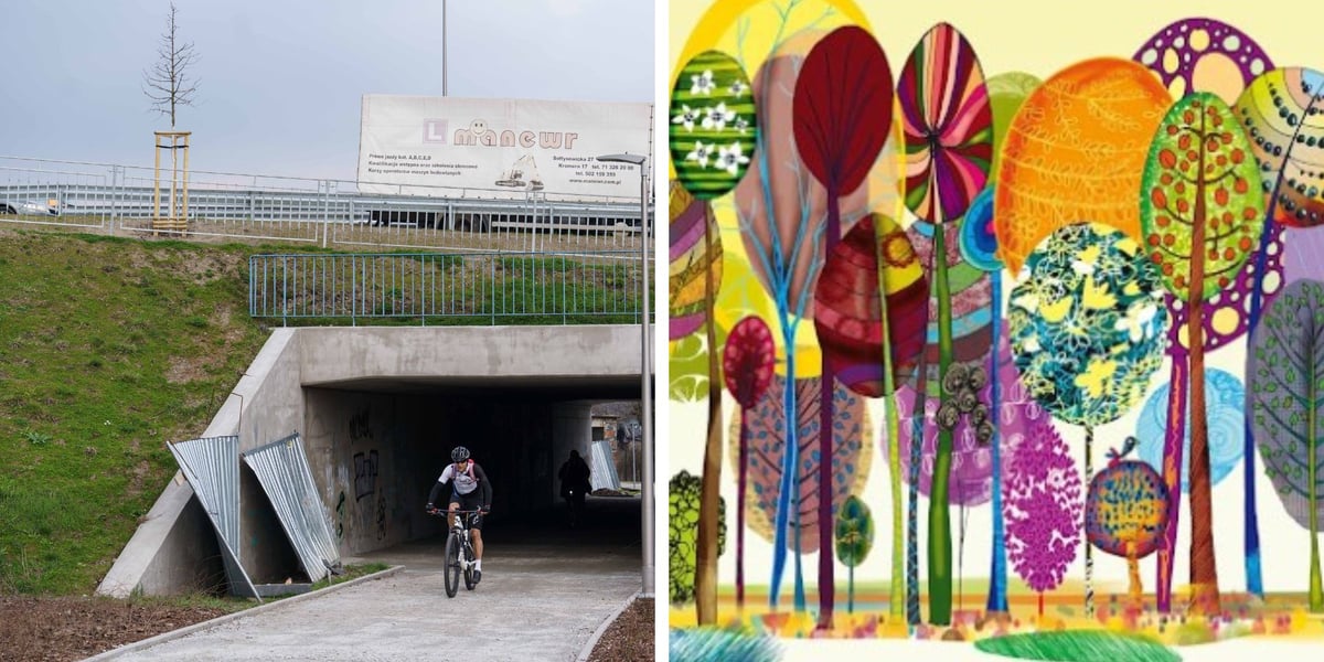 Po lewej: rowerzysta wyjeżdżający z tunelu, w którym będzie mural / po prawej: fragment projektu muralu (drzewa)