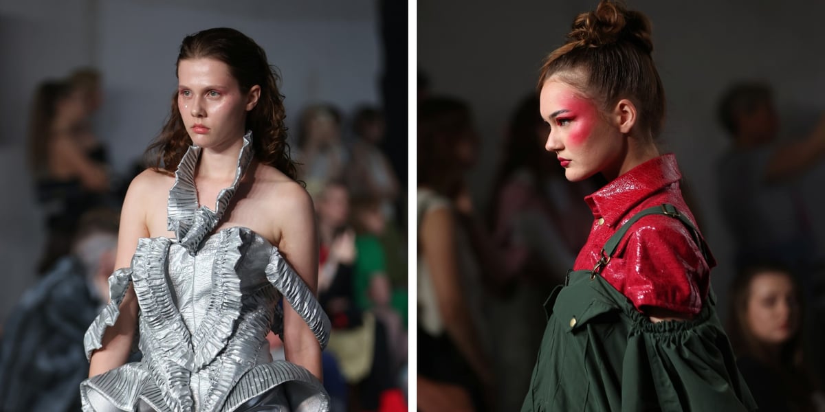 Zestawienie dwóch zdjęć z modelkami na pokazach Wrocław Fashion Week