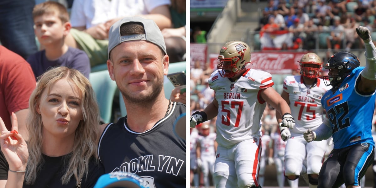 Z lewej kobieta i mężczyzna - kibice na meczu Panthers - Thunder na Tarczyński Arenie, obok zawodnicy 