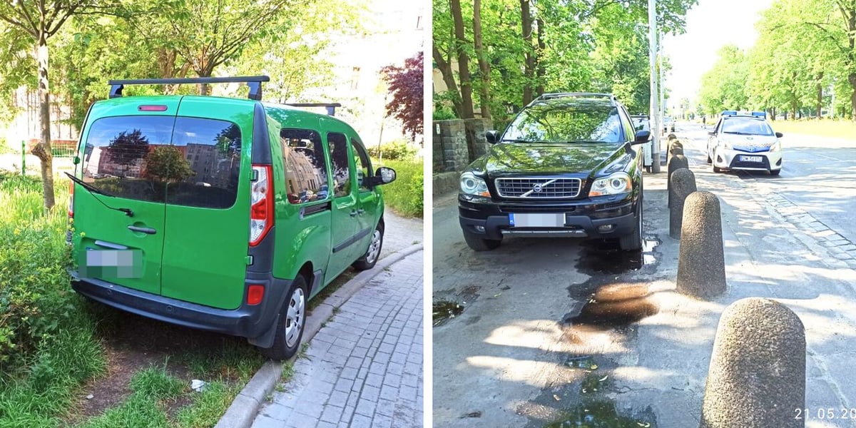 Po lewej zielony samochód zaparkowany na terenie zielonym, po prawej samochód zaparkowany na chodniku