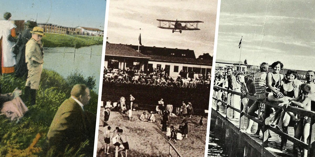 Kobiety, mężczyźni i dzieci na kąpielisku „Familienbad Leerbeutel See” przed 1945 r.. Obecnie to kąpielisko "Morskie Oko"