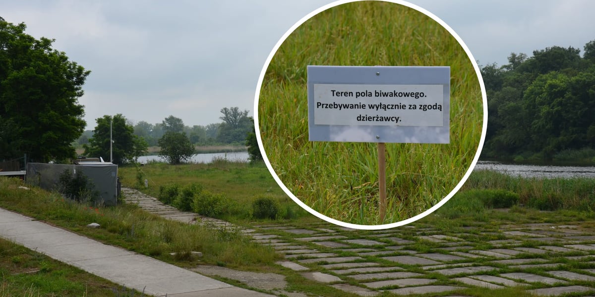 Kolaż dwóch zdjęć: w tle teren nad Odrą wydzierżawiony prywatnej firmie na potrzeby pola biwakowego, w kółku tabliczka z zakazem wstępu 