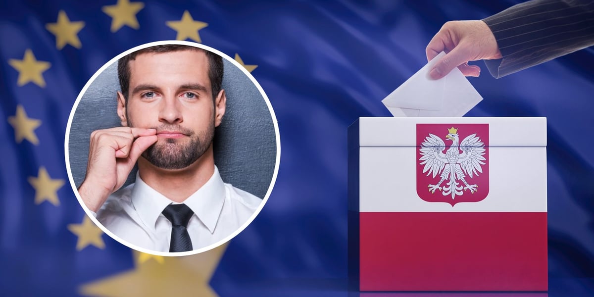 Na zdjęciu widać urnę i dłoń z kartą wyborczą, w owalu mężczyzna w geście oznaczającym milczenie lub ciszę