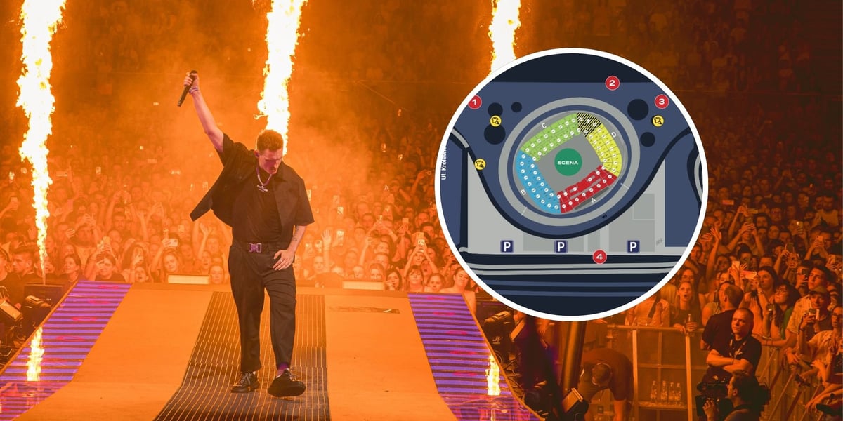 Dawid Podsiadło na koncercie, w tle publiczność, w kółku plan stadionu we Wrocławiu