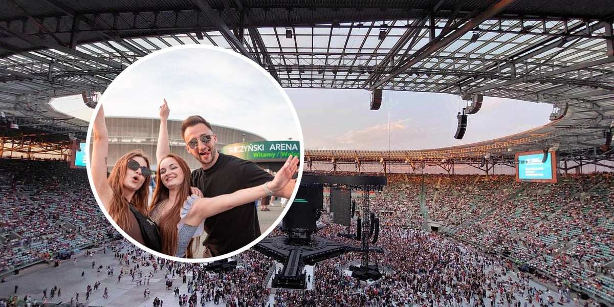 W tle stadion Tarczyński Arena zapełniający się ludźmi, koncert 8 czerwca 2024. W kółku - trójka fanów przed stadionem
