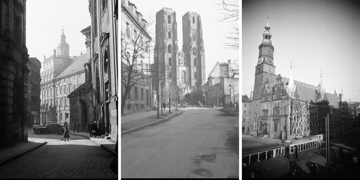 Trzy połączone stare fotografie Wrocławia -  od lewej: widok na Uniwersytet Wrocławski, w środku widok na katedrę na Ostrowie Tumskim, po prawej - ratusz w Rynku