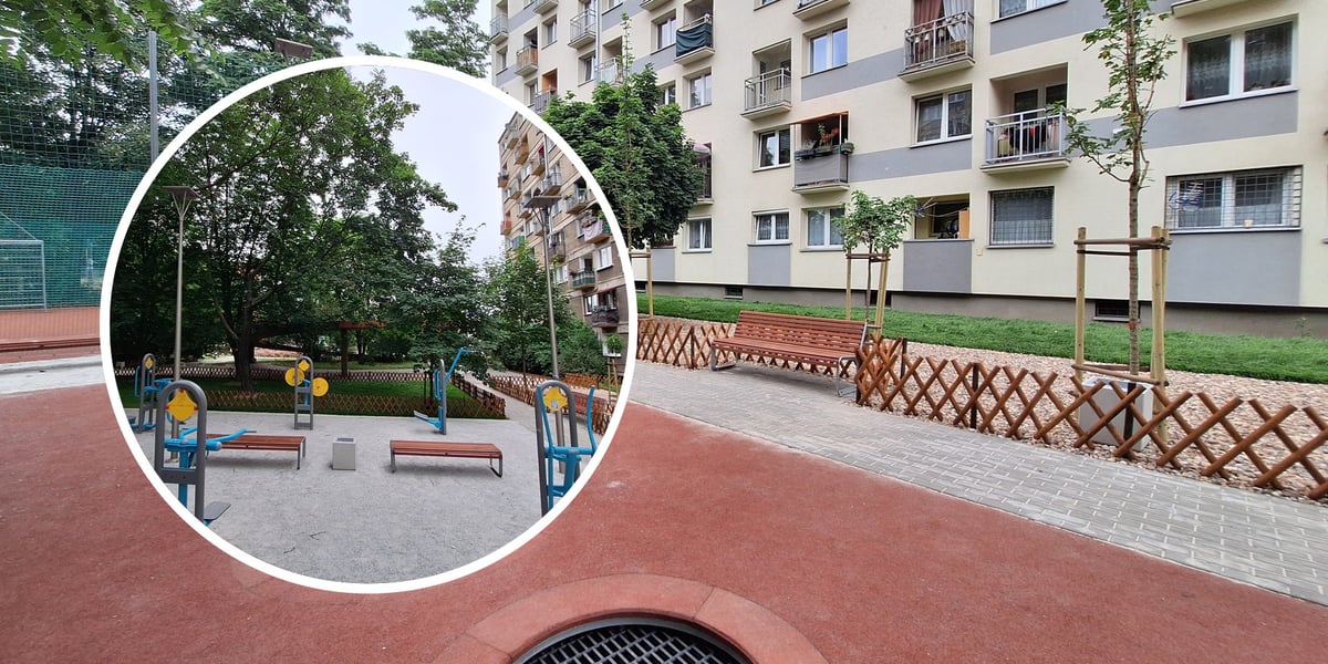 Zdjęcie przedstawia podwórko po remoncie. Widać na nim zewnętrzną siłownię oraz zagospodarowane przejścia i nowe nasadzenia. 