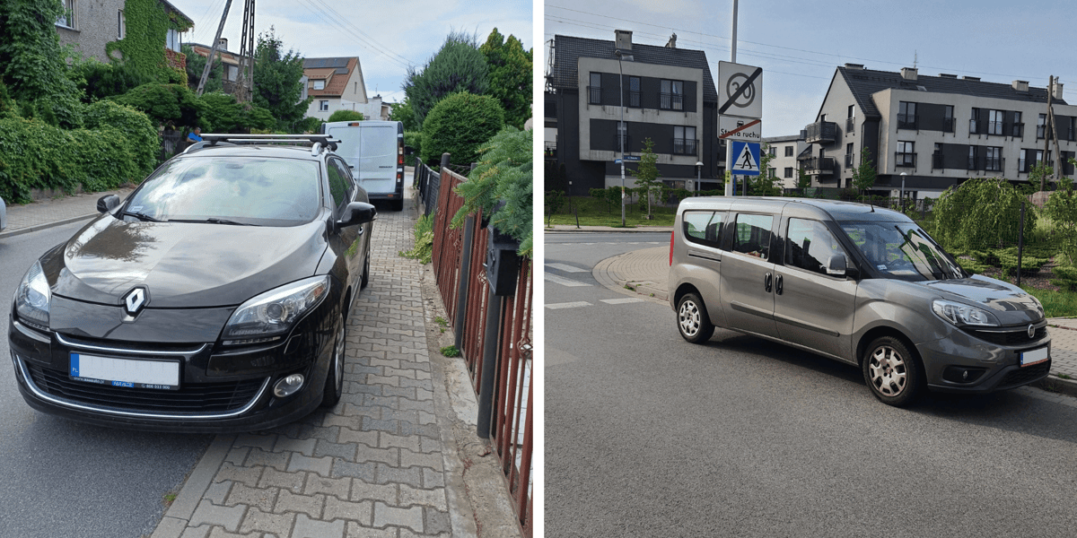 Nieprawidłowo zaparkowane pojazdy. Po lewej: na chodniku węższym niż 1,5 metra. Po prawej: w pobliżu przejścia dla pieszych