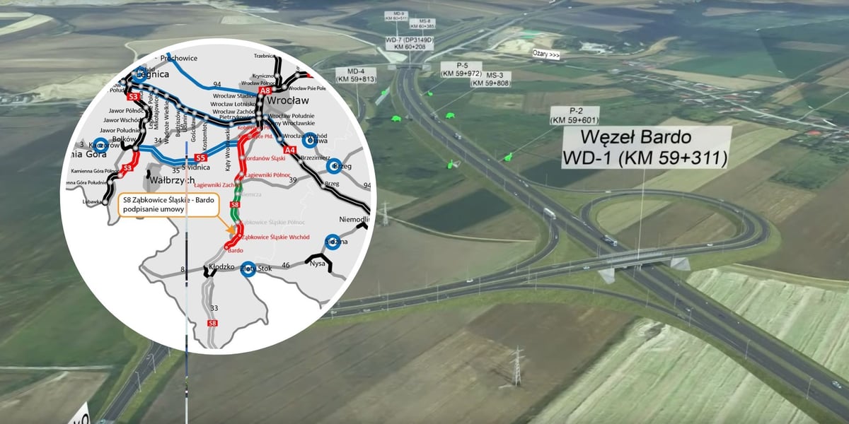 W owalu mapa budowy S8, na zdjęciu głównym wizualizacja nowego odcinka S8