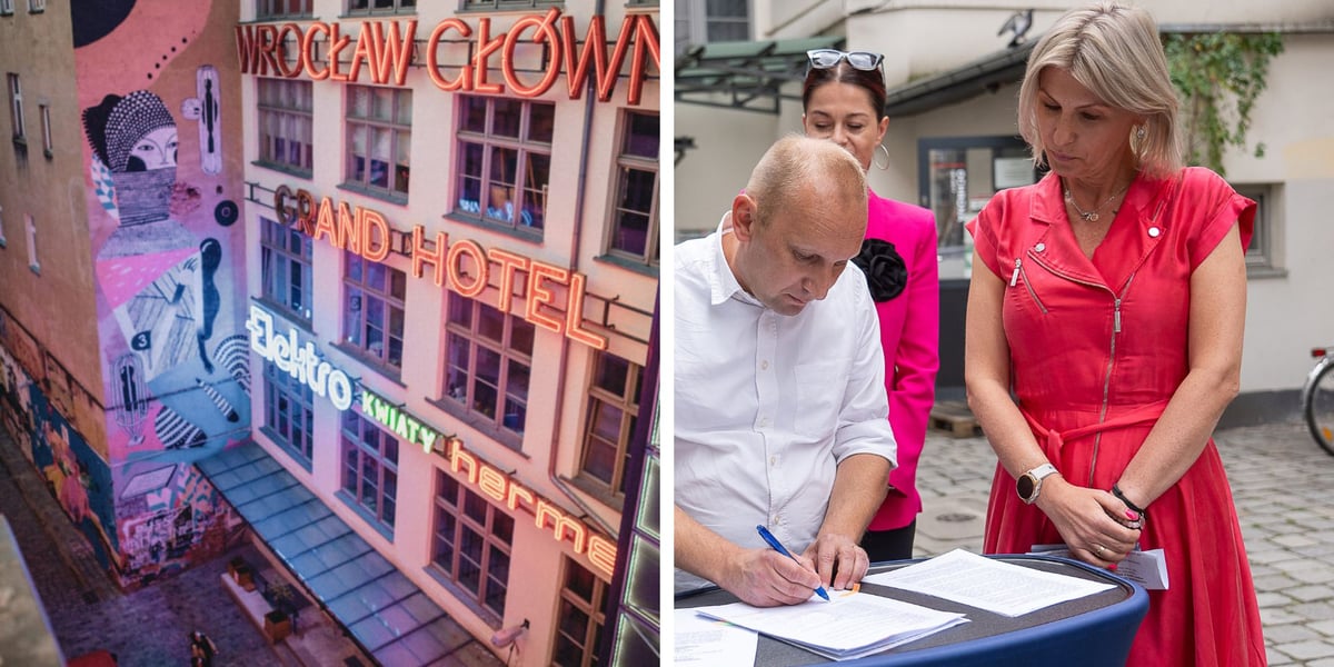 Kilka neonów na ścianie przy Ruskiej (zdjęcie po lewej) / Tomasz Kosmalski podpisujący umowę, obok Renata Granowska (zdjęcie po prawej)