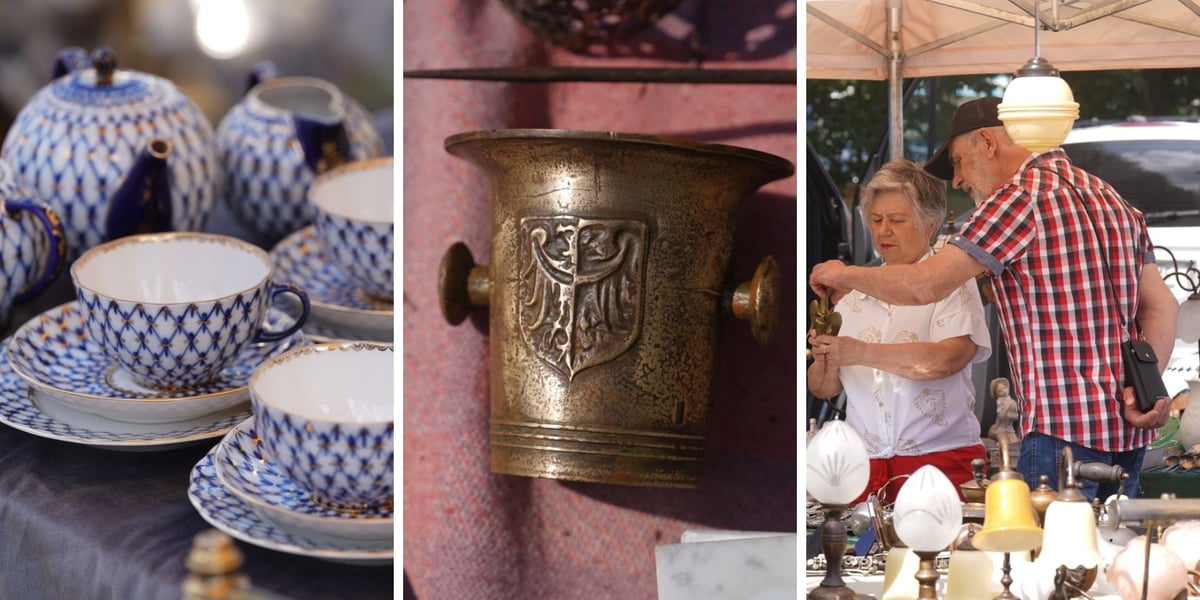 Kolaż trzech zdjęć – od lewej porcelana z fabryki Łomonosow, moździerz z dawnym herbem Wrocławia, ludzie oglądający przedmioty na stoisku