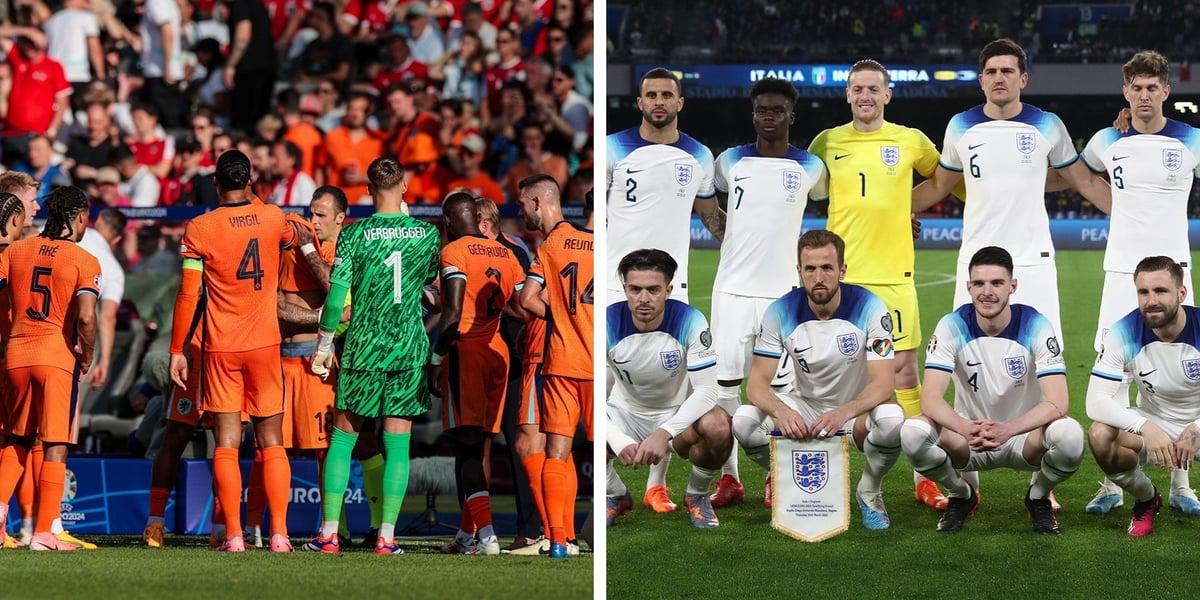 Z lewej drużyna Holandii podczas meczu Euro 2024, obok piłkarze drużyny Anglii