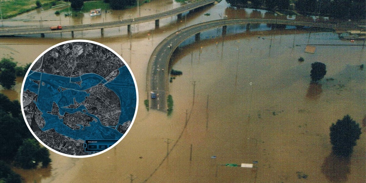 Kolaż dwóch zdjęć – na większym zalana estakada na pl. Społecznym, na mniejszym fragment interaktywnej mapy powodziowej w Hydropolis