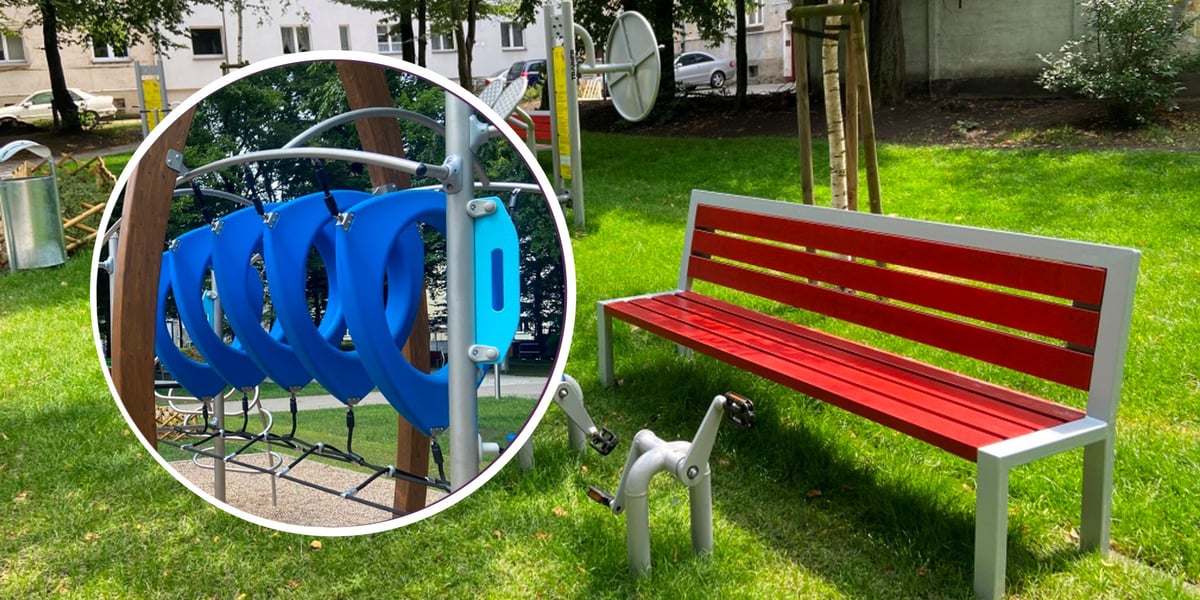Zdjęcie przedstawia ławki i urządzenia do zabawy na wyremontowanym podwórku przy ul. Grabiszyńskiej. 