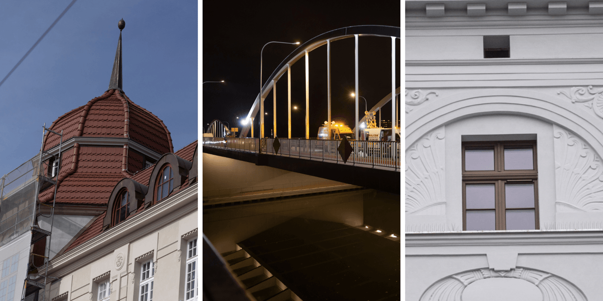 Od lewej: dach Hotelu Grand, mosty Chrobrego nocą, elewacja kamienicy przy ul. Kościuszki 124