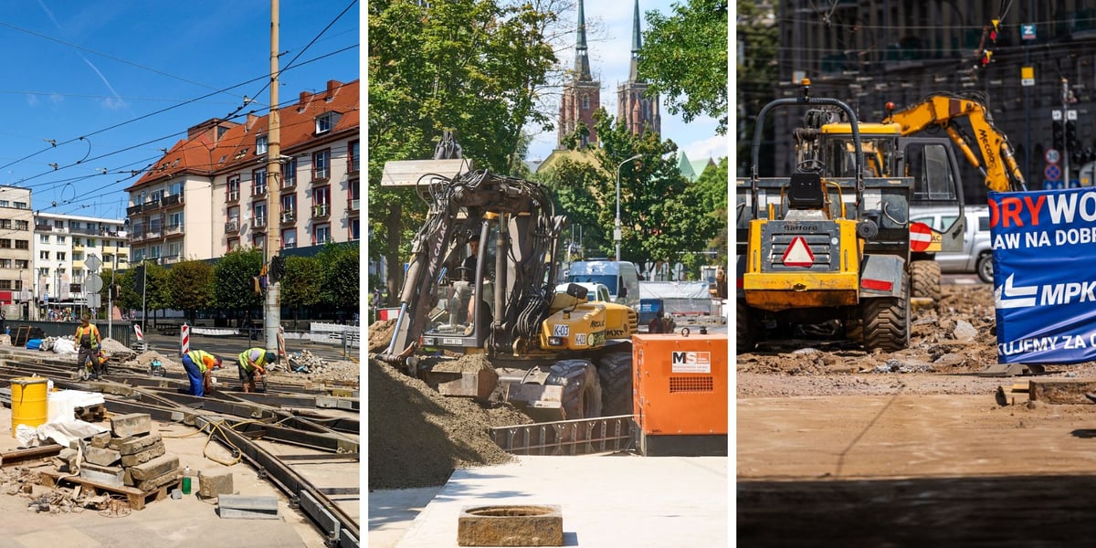 Zdjęcia z placów budów: na Kazimierza Wielkiego, Szczytnickiej i Powstańców Śląskich. To trzy duże remonty torowisk prowadzone obecnie przez MPK 