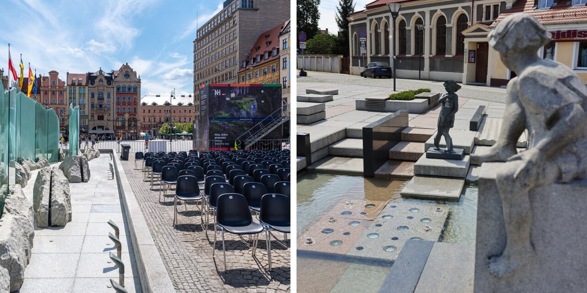 Od lewej: nieczynna fontanna Zdrój na placu Gołębim, obok rozstawione czarne krzesła; z prawej fontanna na Psim Polu  