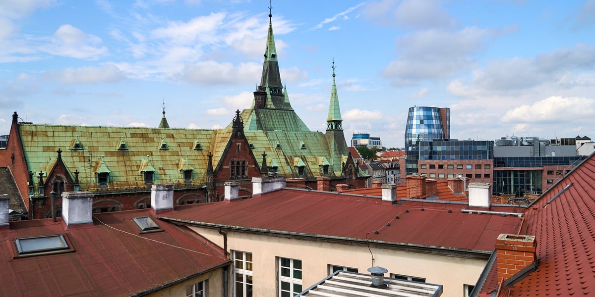 Widok z kamienicy na pl. Solnym. Widać dachy kamienic, wieżę budynku dawnej Biblioteki Uniwersyteckiej przy Szajnochy i Kino Nowe Horyzonty. 