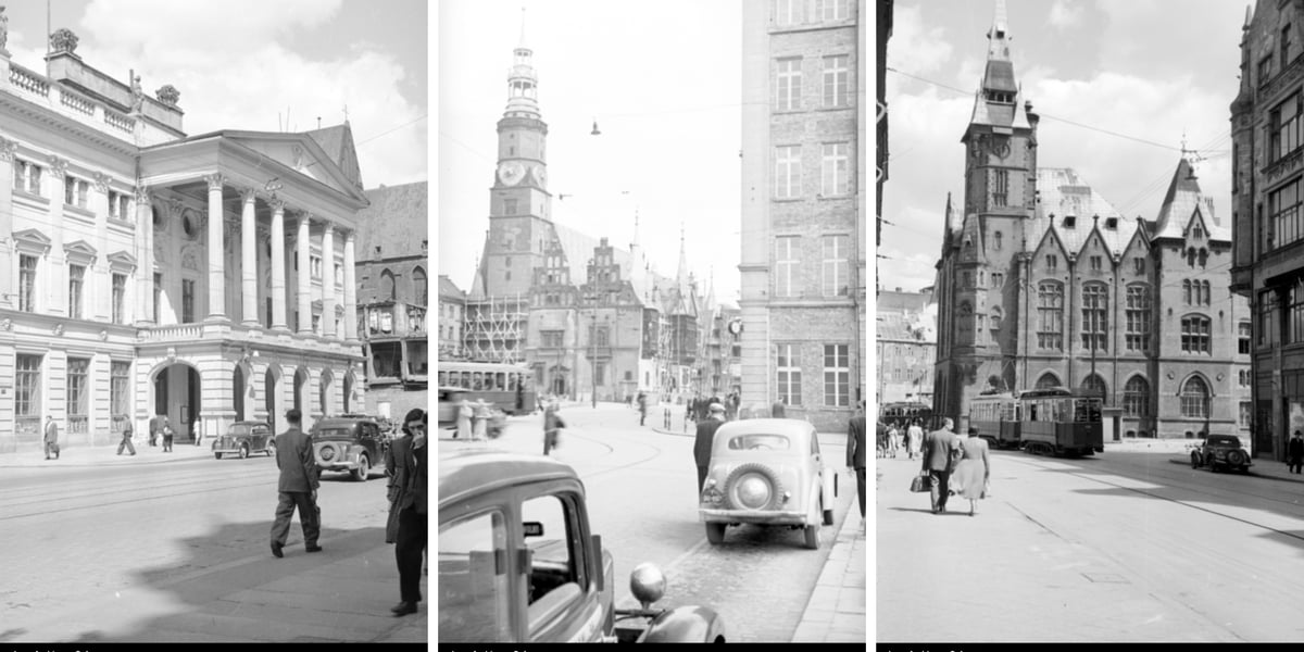 Wrocław w roku 1950. Od prawej - ulica Świdnicka i widok na Operę Wrocławską, w środku - widok na Rynek od strony placu Solnego, na zdjęciu po prawej - budynek biblioteki na Szajnochy (widok z ulicy Krupniczej)