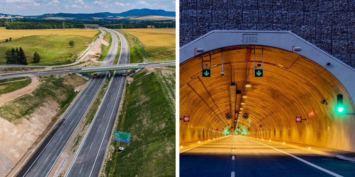 Widok z góry na drogę S3 (góry na horyzoncie) / oświetlony tunel widziany sprzed portalu