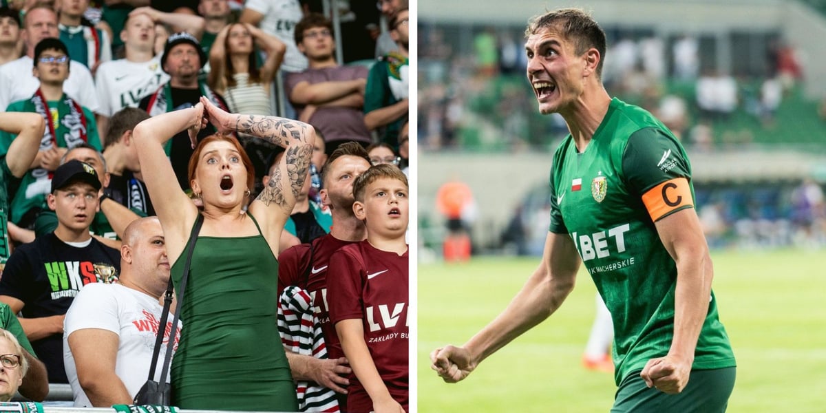 Kobieta unosi ręce za głowę wśród innych kibiców na trybunie Tarczyński Areny (po lewej) / kapitan Alex Petkov w okrzyku radości (po prawej) podczas meczu Śląska z Rygą (1 sierpnia)