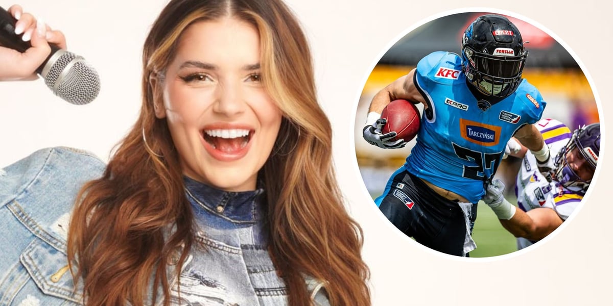 Uśmiechnięta kobieta trzyma w ręku mikrofon. Julia Żugaj koncert na Stadionie Olimpijskim 18 sierpnia, w kółku zawodnik Panthers Wroclaw