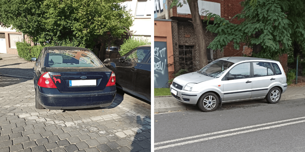 Nieprawidłowo zaparkowane samochody:  na powierzchni wyłączonej z ruchu i na chodniku nieprzekraczającym 1,5 metra szerokości