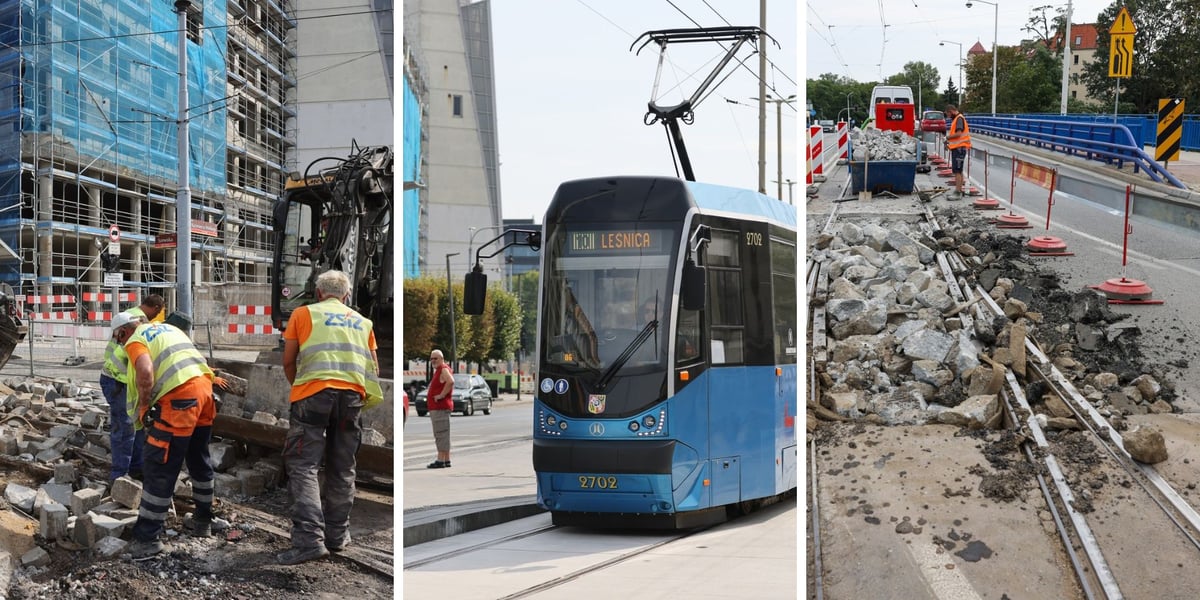 Kolaż trzech zdjęć: pracownicy na Szewskiej, tramwaj na Kazimierza Wielkiego i rozkopane torowisko na moście Szczytnickim
