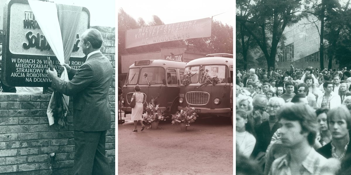Obchody pierwszej rocznicy strajków sierpniowych. Na zdjęciu Jerzy Piórkowski odsłania tablicę upamiętniającą strajk w sierpniu 1980 r. umieszczoną na terenie zajezdni autobusowej nr VII przy ul. Grabiszyńskiej we Wrocławiu (z lewej), dwa autobusy jelcz 043 w bramie wjazdowej do zajezdni autobusowej nr VII (w środku) oraz uczestnicy mszy św. na terenie zajezdni autobusowej nr VII przy ul. Grabiszy