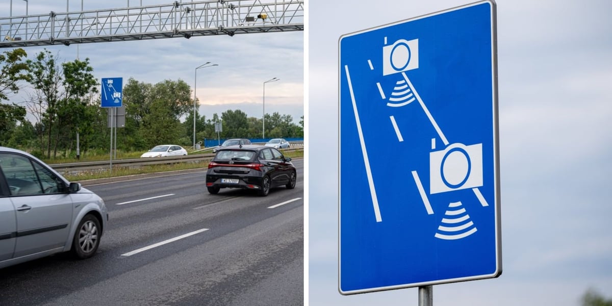 Samochody na drodze. Tablica informująca o odcinkowym pomiarze prędkości. Wkrótce pomiar  prędkości ruszy na AOW