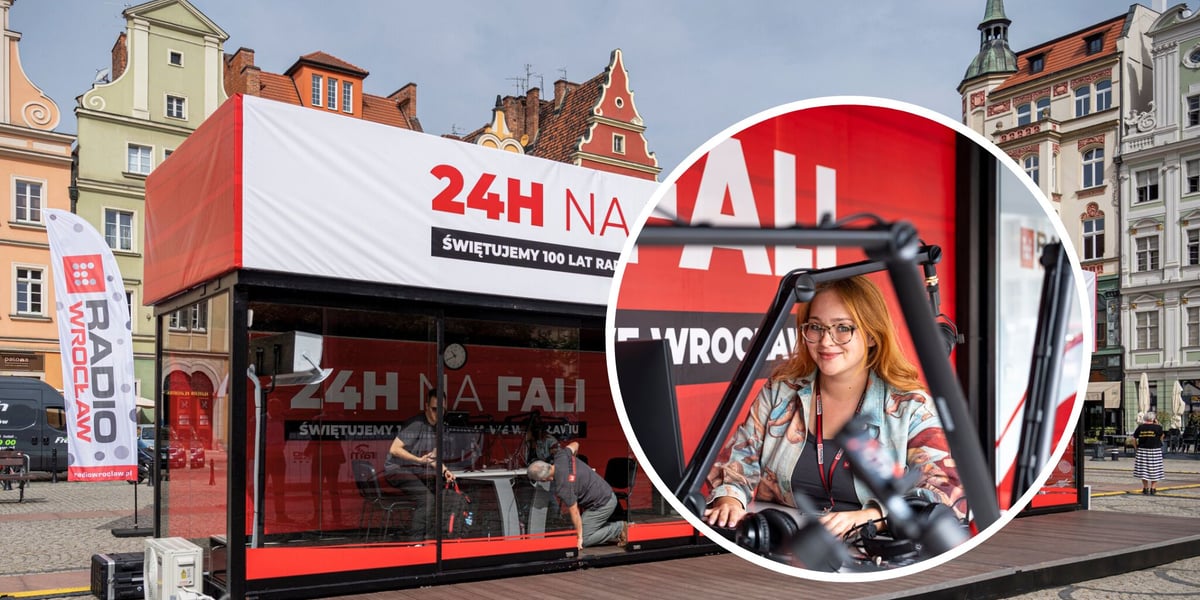 Studio radiowe na Solnym, w kółku: uśmiechnięta kobieta siedząca przy stole w studiu