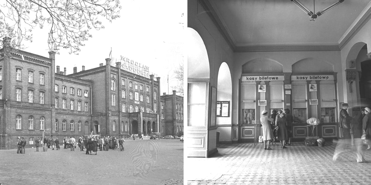 Z prawej budynek frontowy dworca Wrocław Nadodrze w 1980 r. Obok kasy biletowe. Zbiory Wydziału Architektury PWr