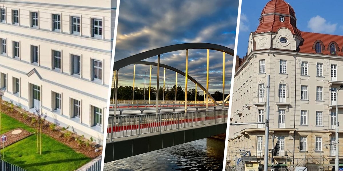 Trzy zdjęcia budowli (od lewej): Kokoszka, mosty Chrobrego, dawny hotel Grand