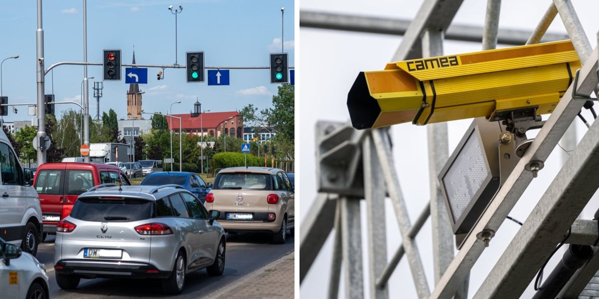 Sygnalizacja świetlna i żółte kamery systemu Canard, samochody na drodze. Skrzyżowanie ul. Na Ostatnim Groszu/ Bystrzycka/ Gądowianka