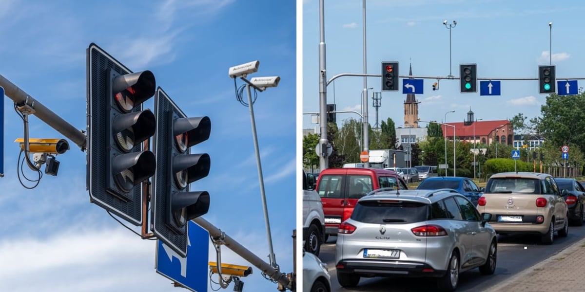 Sygnalizacja świetlna i żółte kamery systemu Canard, samochody na drodze. Skrzyżowanie ul. Na Ostatnim Groszu/ Bystrzycka/ Gądowianka