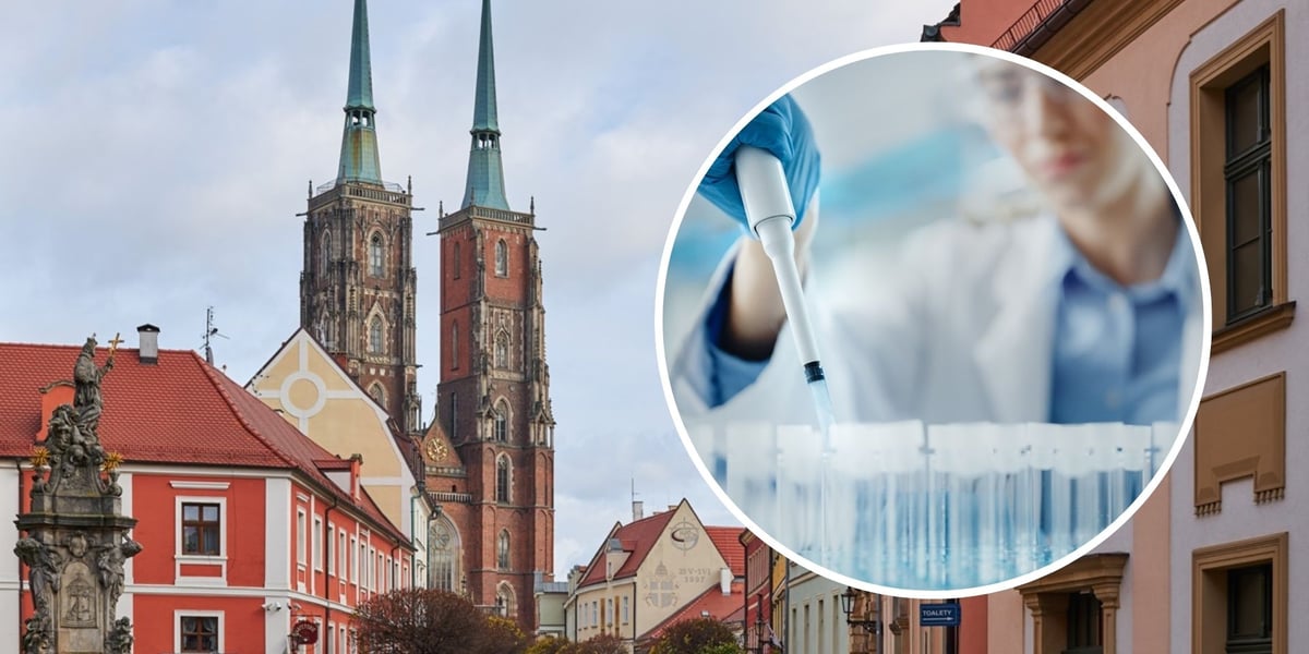 W tle katedra we Wrocławiu, w kółeczku probówki w laboratorium (zdjęcie ilustracyjne)