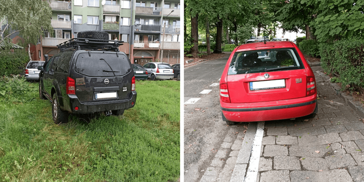 Przykłady niezgodnego z prawem parkowania: na pasie zieleni i na chodniku 