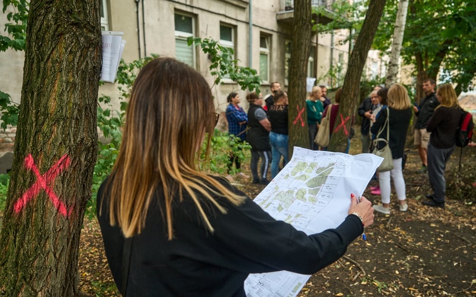 Wycinka drzew na kleczkowskim podwórku została na razie wstrzymana.  Na zdjęciu grupa ludzi wśród drzew, na pierwszym planie kobieta trzymająca projekt rewitalizacji podwórza