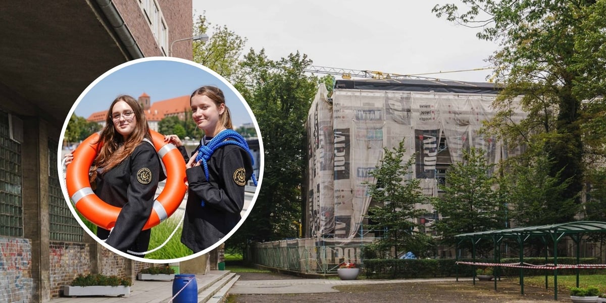W owalu uczennice TŻŚ we Wrocławiu, w tle remontowany budynek przy ul. Parkowej