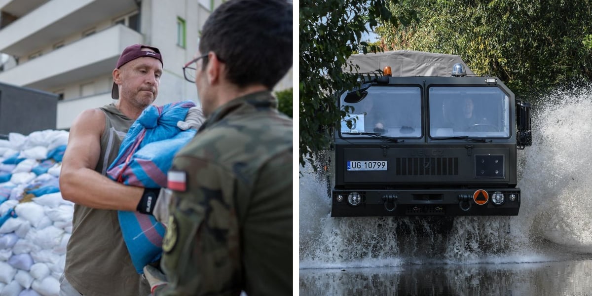 Po lewej: dwaj mężczyźni (jeden w zielonej koszulce, drugi w stroju moro) podają sobie niebieski worek / po prawej: wóz wojskowy jadący przez wodę (18 września 2024)