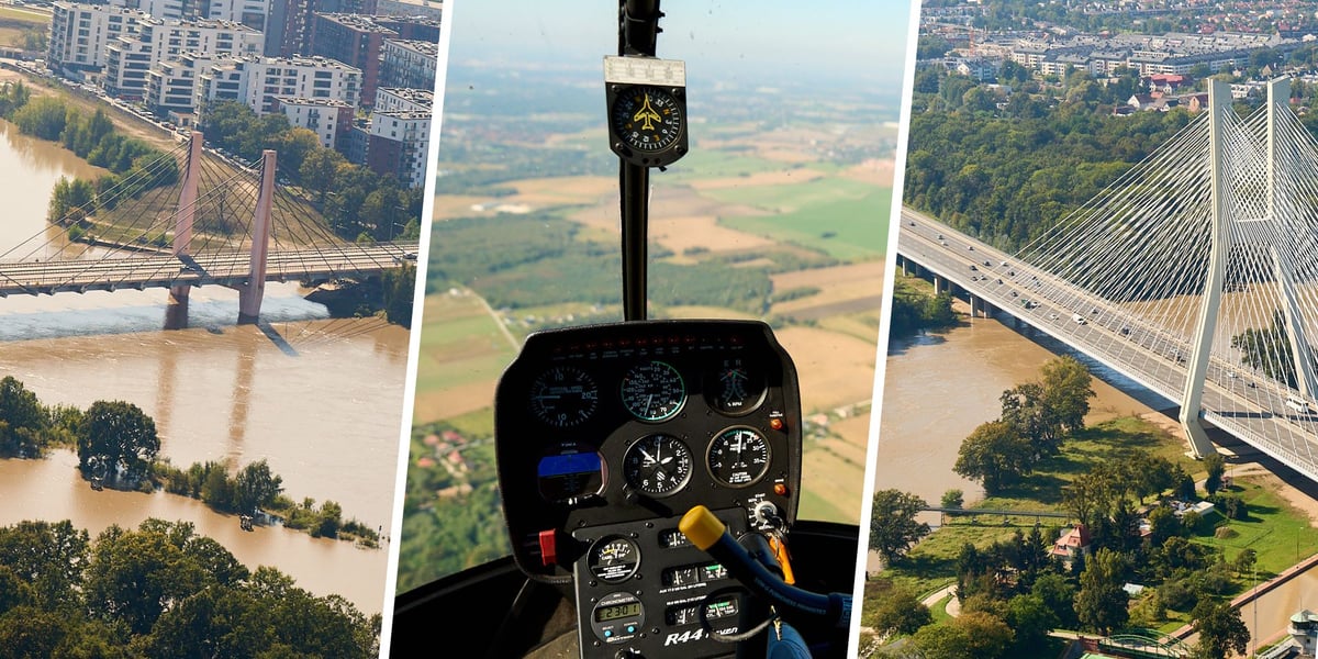 Wrocławskie mosty, zalane tereny, kokpit helikoptera, zdjęcia lotnicze Wrocławia 